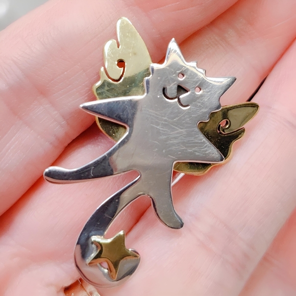 Vintage Far Fetched Sterling Silver Brass Guardian Angel Happy Cat Brooch Pin - Picture 6 of 6